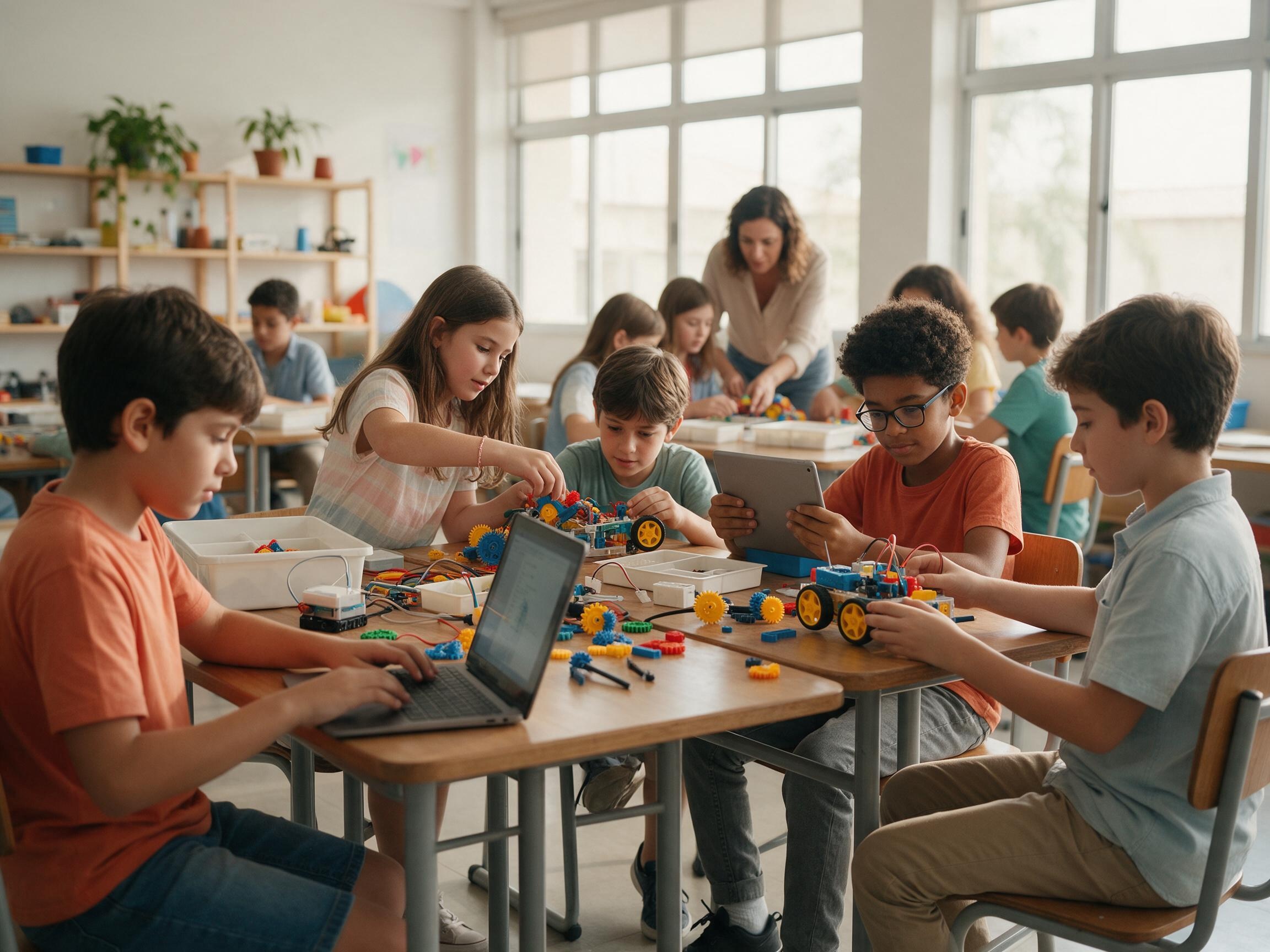 Alunos em atividade de robótica e tecnologia em sala de aula